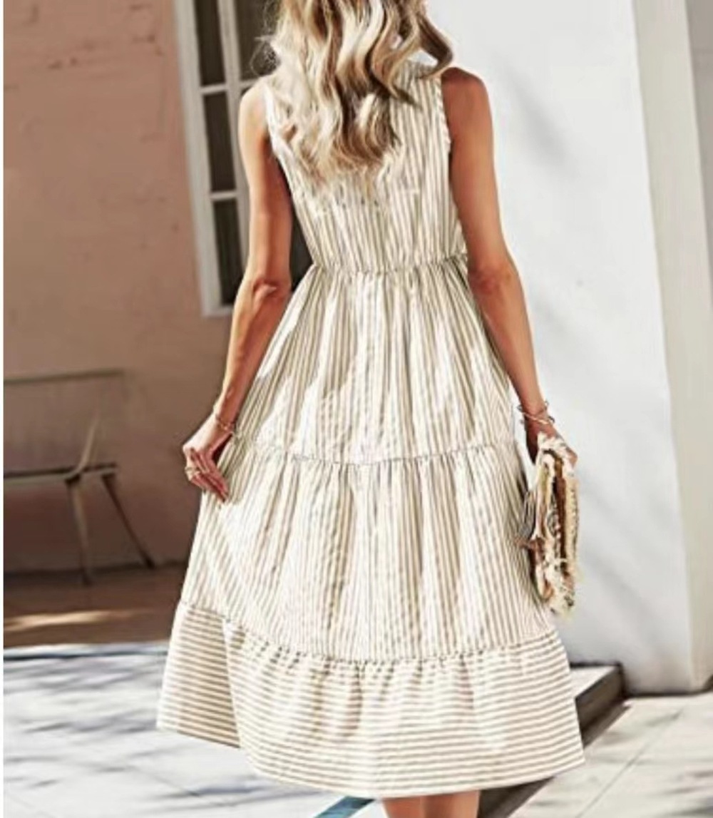 Women's Cream Striped V-Neck Sleeveless Tiered Maxi Dress